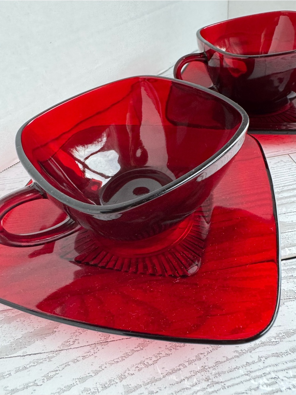 Anchor Hocking Deep Red Glass Cup and Square Saucer Set
